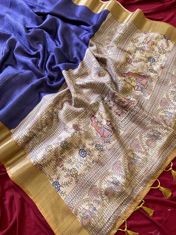 Soft_Tussar_Silk_sarees_with_Beautiful_Digital_Print_With_Attractive_Checks_Design_Saree_And_Digital_Print_Blouse_With_Tassels