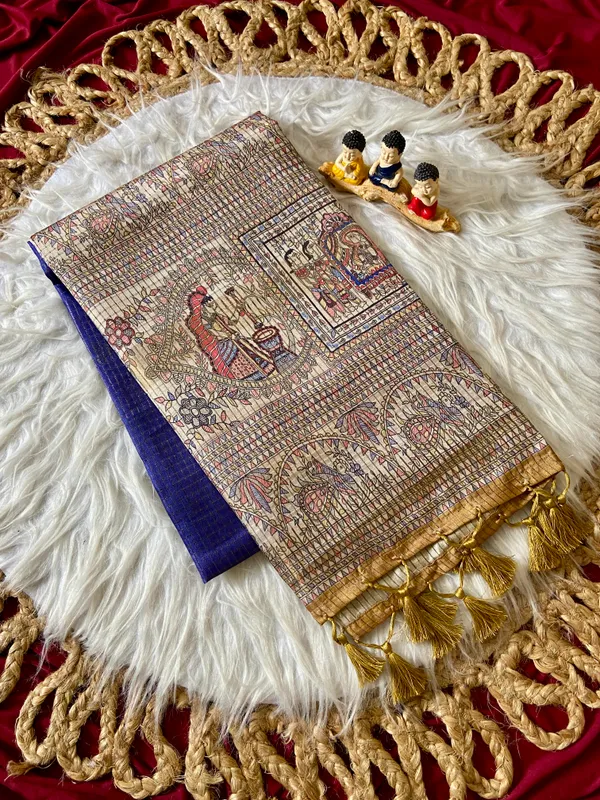 Soft_Tussar_Silk_sarees_with_Beautiful_Digital_Print_With_Attractive_Checks_Design_Saree_And_Digital_Print_Blouse_With_Tassels