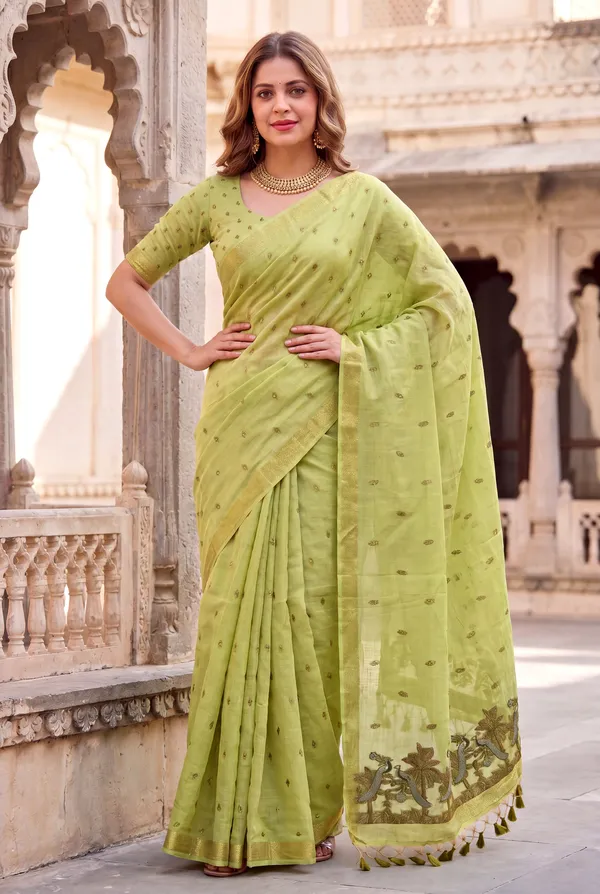 Premium_Soft_Muga_Cotton_sarees_with_Beautiful_Colourfull_Resham_Weaving__Peacock_Design_Pallu_With_Attractive_Traditional_Zari_Weaving__With_All_Over__Resham_Weaving__And_Resham_Weaving_Butti_Blouse_With_Fancy_Tassels