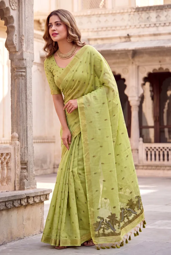 Premium_Soft_Muga_Cotton_sarees_with_Beautiful_Colourfull_Resham_Weaving__Peacock_Design_Pallu_With_Attractive_Traditional_Zari_Weaving__With_All_Over__Resham_Weaving__And_Resham_Weaving_Butti_Blouse_With_Fancy_Tassels