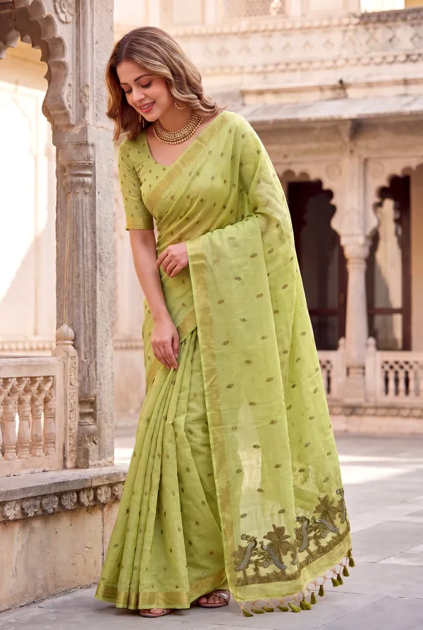 Premium_Soft_Muga_Cotton_sarees_with_Beautiful_Colourfull_Resham_Weaving__Peacock_Design_Pallu_With_Attractive_Traditional_Zari_Weaving__With_All_Over__Resham_Weaving__And_Resham_Weaving_Butti_Blouse_With_Fancy_Tassels