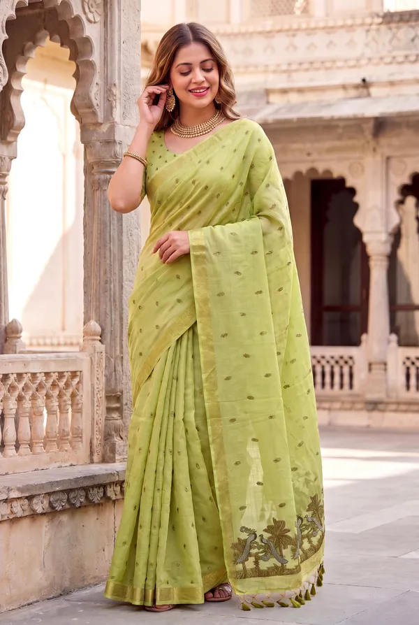 Premium_Soft_Muga_Cotton_sarees_with_Beautiful_Colourfull_Resham_Weaving__Peacock_Design_Pallu_With_Attractive_Traditional_Zari_Weaving__With_All_Over__Resham_Weaving__And_Resham_Weaving_Butti_Blouse_With_Fancy_Tassels