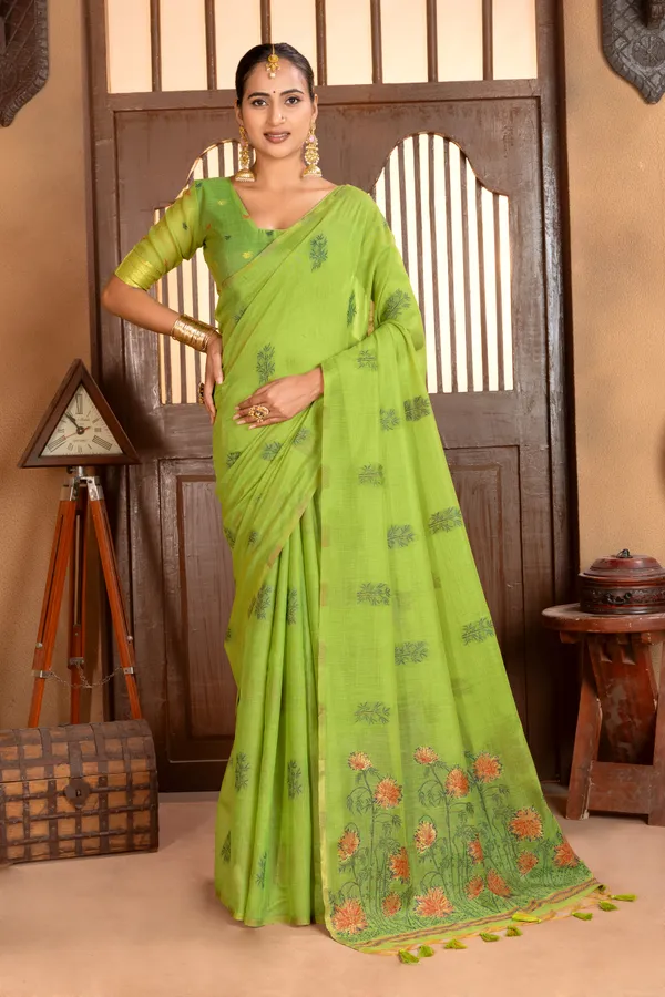 Premium_Soft_Muga_Cotton_sarees_with_Beautiful_?Colourfull_Resham_Weaving__Flower_Design_Pallu_With_Attractive_Traditional_Zari_Weaving__With_All_Over__Resham_Weaving__And_Resham_Weaving_Butti_Blouse_With_Fancy_Tassels