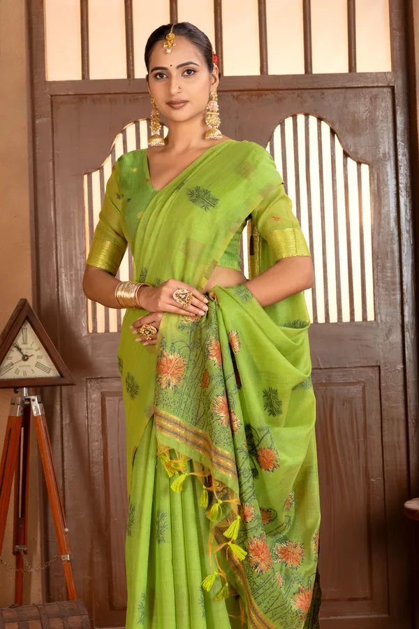 Premium_Soft_Muga_Cotton_sarees_with_Beautiful_?Colourfull_Resham_Weaving__Flower_Design_Pallu_With_Attractive_Traditional_Zari_Weaving__With_All_Over__Resham_Weaving__And_Resham_Weaving_Butti_Blouse_With_Fancy_Tassels