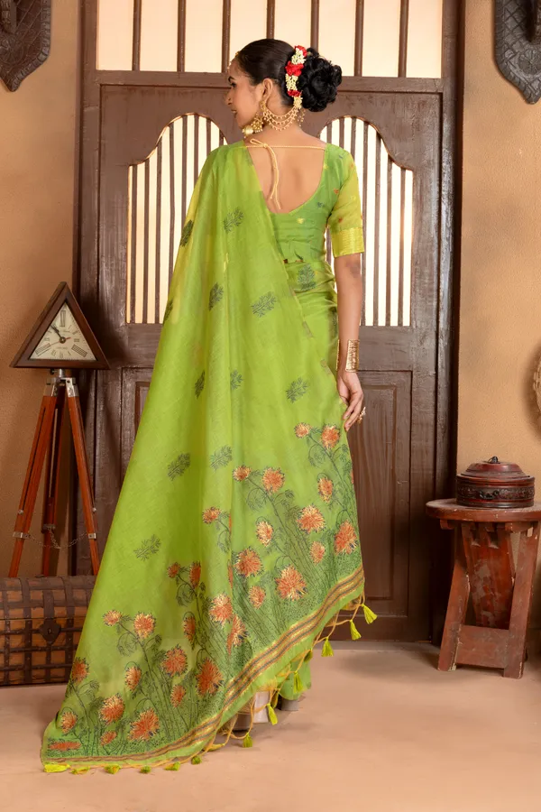 Premium_Soft_Muga_Cotton_sarees_with_Beautiful_?Colourfull_Resham_Weaving__Flower_Design_Pallu_With_Attractive_Traditional_Zari_Weaving__With_All_Over__Resham_Weaving__And_Resham_Weaving_Butti_Blouse_With_Fancy_Tassels