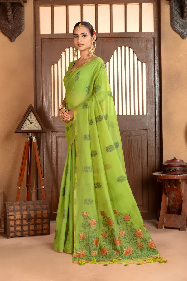 Premium_Soft_Muga_Cotton_sarees_with_Beautiful_?Colourfull_Resham_Weaving__Flower_Design_Pallu_With_Attractive_Traditional_Zari_Weaving__With_All_Over__Resham_Weaving__And_Resham_Weaving_Butti_Blouse_With_Fancy_Tassels