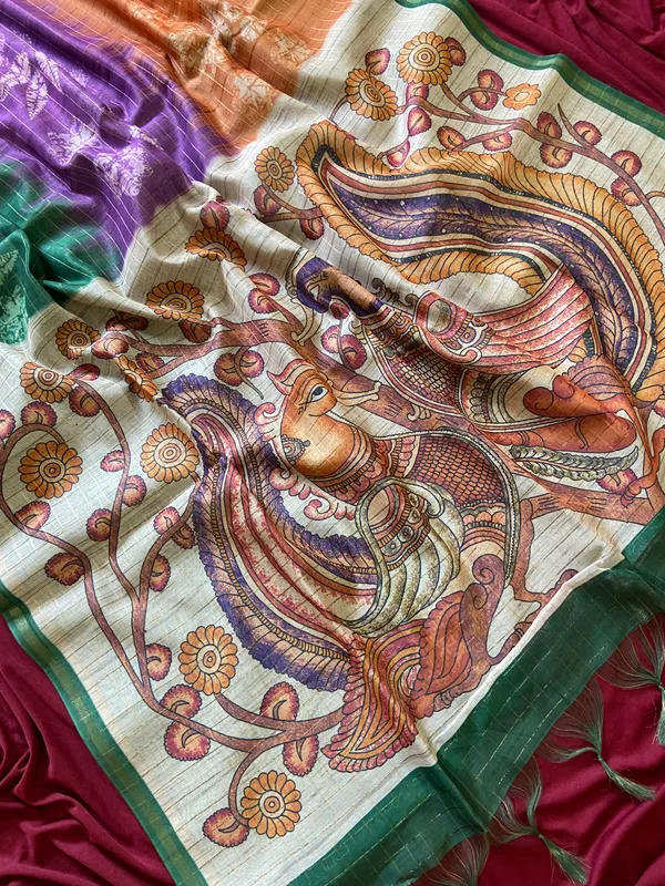 Soft_Tussar_Silk_sarees_with_Beautiful_Style_Of_Kalamkari_Digital_Print_With_Attractive_Border_And_Contrast_Print_Blouse_With_Tassels