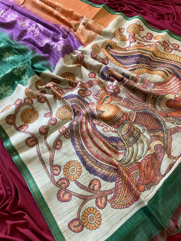 Soft_Tussar_Silk_sarees_with_Beautiful_Style_Of_Kalamkari_Digital_Print_With_Attractive_Border_And_Contrast_Print_Blouse_With_Tassels