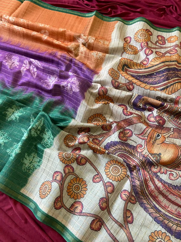 Soft_Tussar_Silk_sarees_with_Beautiful_Style_Of_Kalamkari_Digital_Print_With_Attractive_Border_And_Contrast_Print_Blouse_With_Tassels