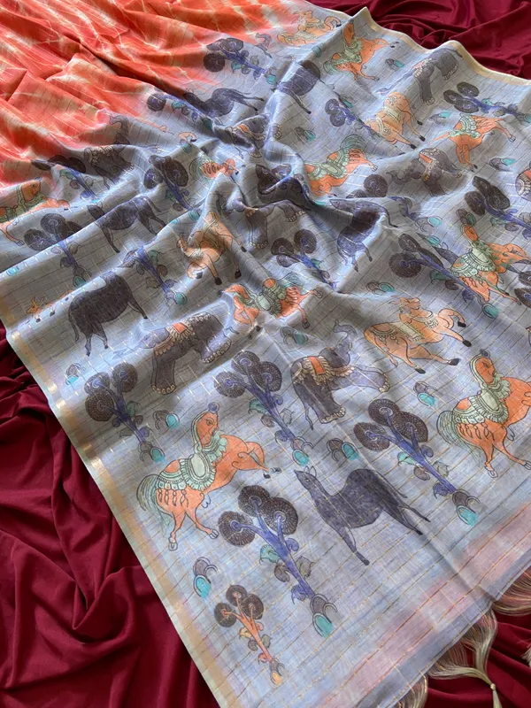 Soft_Tussar_Silk_sarees_with_Beautiful_Srikalahasti_Style_Of_Kalamkari_Digital_Print_With_Attractive_Border_And_Contrast_Print_Blouse_With_Tassels