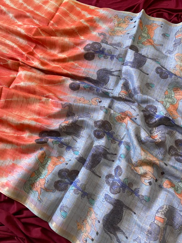 Soft_Tussar_Silk_sarees_with_Beautiful_Srikalahasti_Style_Of_Kalamkari_Digital_Print_With_Attractive_Border_And_Contrast_Print_Blouse_With_Tassels