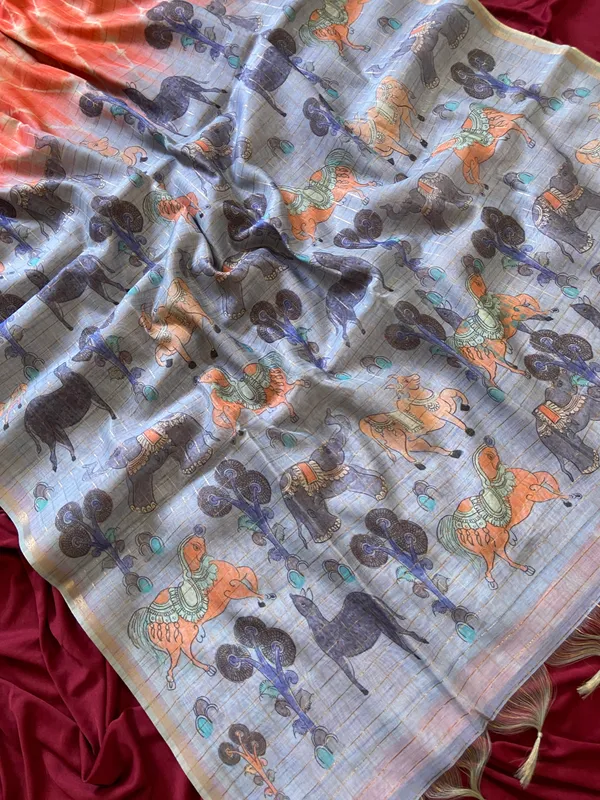 Soft_Tussar_Silk_sarees_with_Beautiful_Srikalahasti_Style_Of_Kalamkari_Digital_Print_With_Attractive_Border_And_Contrast_Print_Blouse_With_Tassels