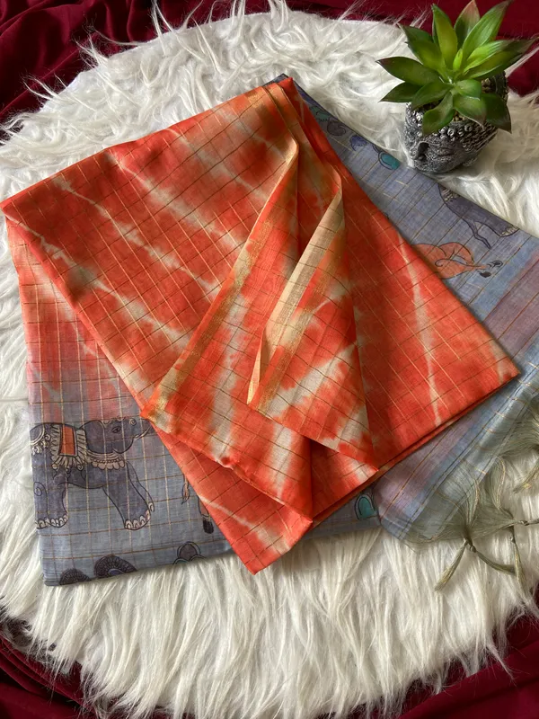 Soft_Tussar_Silk_sarees_with_Beautiful_Srikalahasti_Style_Of_Kalamkari_Digital_Print_With_Attractive_Border_And_Contrast_Print_Blouse_With_Tassels