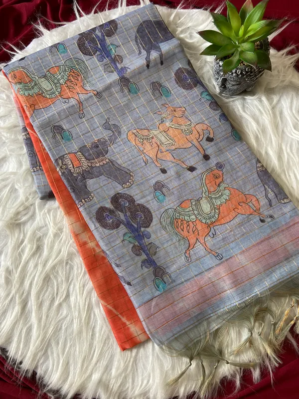 Soft_Tussar_Silk_sarees_with_Beautiful_Srikalahasti_Style_Of_Kalamkari_Digital_Print_With_Attractive_Border_And_Contrast_Print_Blouse_With_Tassels