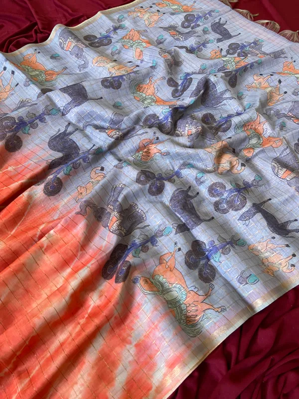 Soft_Tussar_Silk_sarees_with_Beautiful_Srikalahasti_Style_Of_Kalamkari_Digital_Print_With_Attractive_Border_And_Contrast_Print_Blouse_With_Tassels