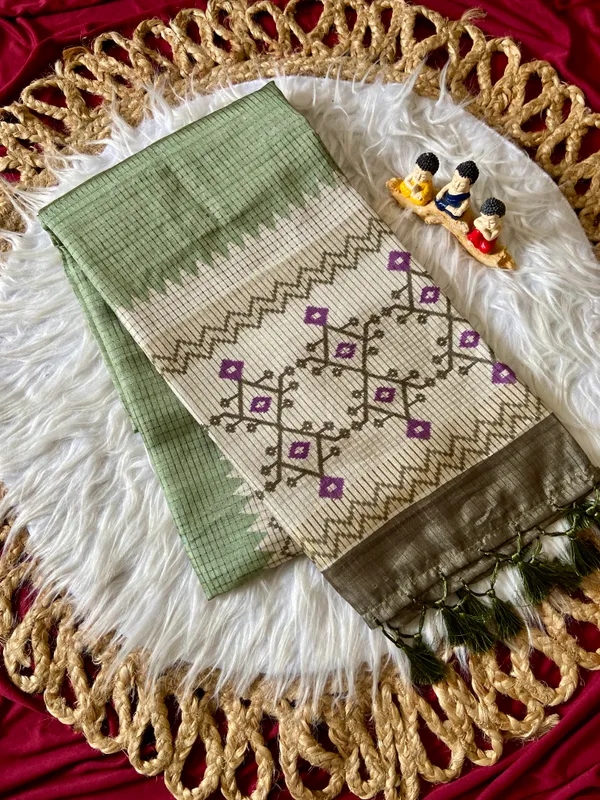 Soft_Tussar_Silk_sarees_with_Beautiful_Digital_Print_With_Attractive_Checks_Design_Saree_And_Digital_Print_Blouse_With_Tassels