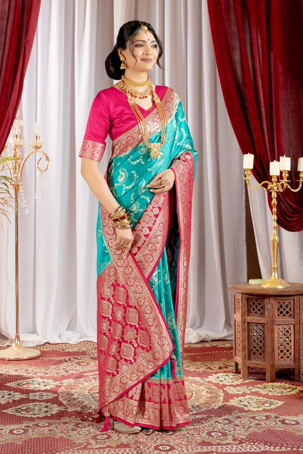 Banarasi_Pure_Satin_Silk_sarees_with_Beautiful_Peacock_in_Contrast_Pink-Rama_Shades_With_Attractive_Weaving_Gold_Zari_Design_And_Contrast_Blouse_With_Tassels