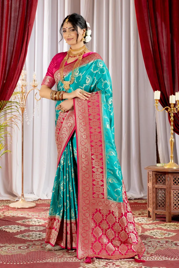 Banarasi_Pure_Satin_Silk_sarees_with_Beautiful_Peacock_in_Contrast_Pink-Rama_Shades_With_Attractive_Weaving_Gold_Zari_Design_And_Contrast_Blouse_With_Tassels