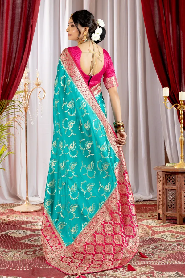 Banarasi_Pure_Satin_Silk_sarees_with_Beautiful_Peacock_in_Contrast_Pink-Rama_Shades_With_Attractive_Weaving_Gold_Zari_Design_And_Contrast_Blouse_With_Tassels