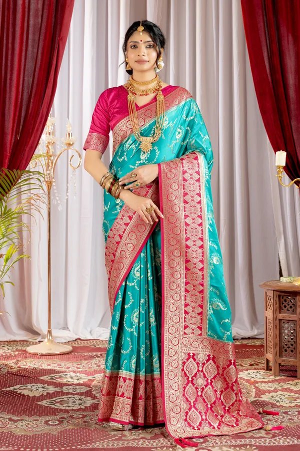 Banarasi_Pure_Satin_Silk_sarees_with_Beautiful_Peacock_in_Contrast_Pink-Rama_Shades_With_Attractive_Weaving_Gold_Zari_Design_And_Contrast_Blouse_With_Tassels