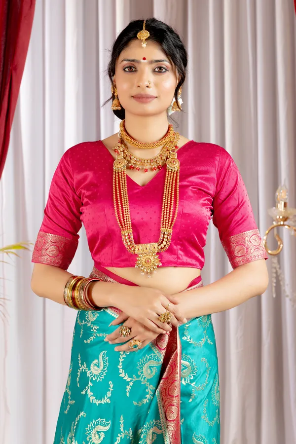 Banarasi_Pure_Satin_Silk_sarees_with_Beautiful_Peacock_in_Contrast_Pink-Rama_Shades_With_Attractive_Weaving_Gold_Zari_Design_And_Contrast_Blouse_With_Tassels