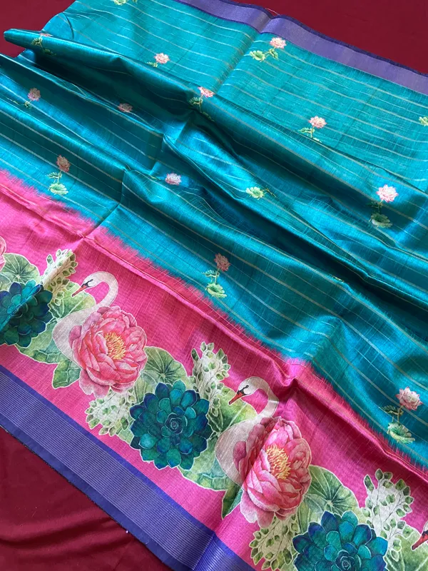 Soft_Semi_Tussar_Silk_sarees_with_Beautiful_Digital_Print_With_Attractive_Border_And_Contrast_Print_Blouse_With_Tassels