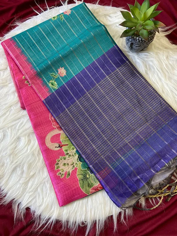 Soft_Semi_Tussar_Silk_sarees_with_Beautiful_Digital_Print_With_Attractive_Border_And_Contrast_Print_Blouse_With_Tassels