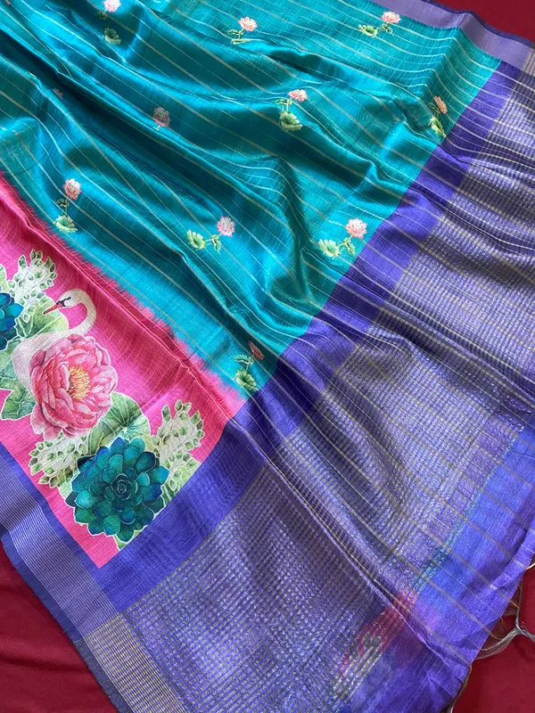 Soft_Semi_Tussar_Silk_sarees_with_Beautiful_Digital_Print_With_Attractive_Border_And_Contrast_Print_Blouse_With_Tassels