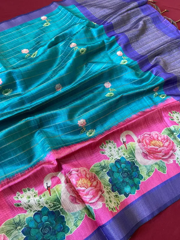 Soft_Semi_Tussar_Silk_sarees_with_Beautiful_Digital_Print_With_Attractive_Border_And_Contrast_Print_Blouse_With_Tassels