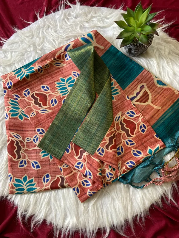 Soft_Tussar_Silk_sarees_with_Beautiful_Style_Of_Kalamkari_Digital_Print_With_Attractive_Border_And_Contrast_Print_Blouse_With_Tassels