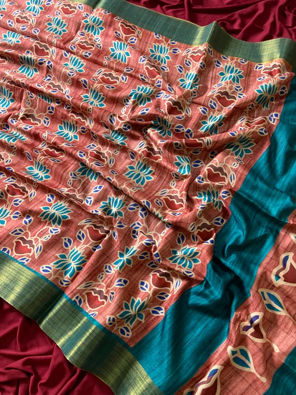 Soft_Tussar_Silk_sarees_with_Beautiful_Style_Of_Kalamkari_Digital_Print_With_Attractive_Border_And_Contrast_Print_Blouse_With_Tassels