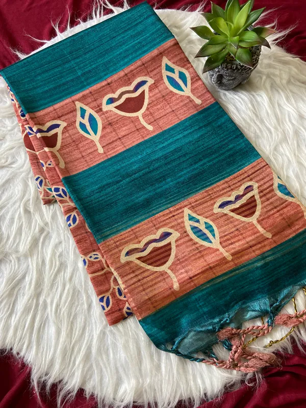 Soft_Tussar_Silk_sarees_with_Beautiful_Style_Of_Kalamkari_Digital_Print_With_Attractive_Border_And_Contrast_Print_Blouse_With_Tassels