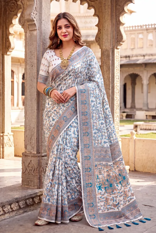 Soft_Jamdani_Cotton_Silk_Sarees_With_Beautiful_Resham_Weaving_With_Attractive_Resham_Woven_Design_Pallu_And_Running_Blouse_With_Tassels