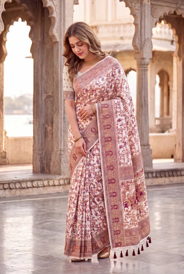 Soft_Jamdani_Cotton_Silk_Sarees_With_Beautiful_Resham_Weaving_With_Attractive_Resham_Woven_Design_Pallu_And_Running_Blouse_With_Tassels