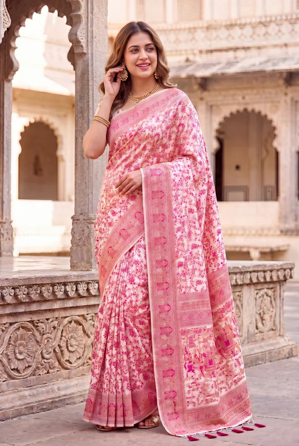 Soft_Jamdani_Cotton_Silk_Sarees_With_Beautiful_Resham_Weaving_With_Attractive_Resham_Woven_Design_Pallu_And_Running_Blouse_With_Tassels