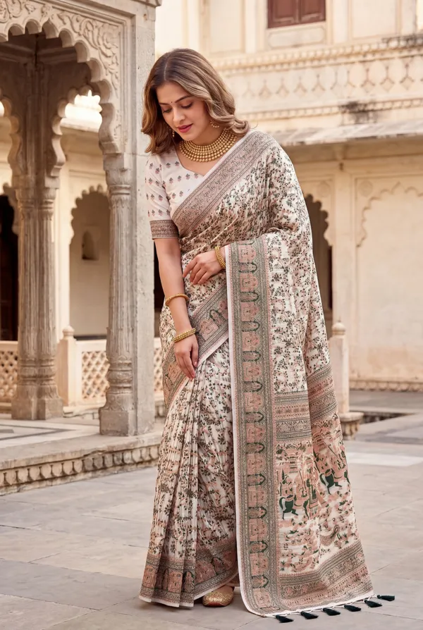 Soft_Jamdani_Cotton_Silk_Sarees_With_Beautiful_Resham_Weaving_With_Attractive_Resham_Woven_Design_Pallu_And_Running_Blouse_With_Tassels