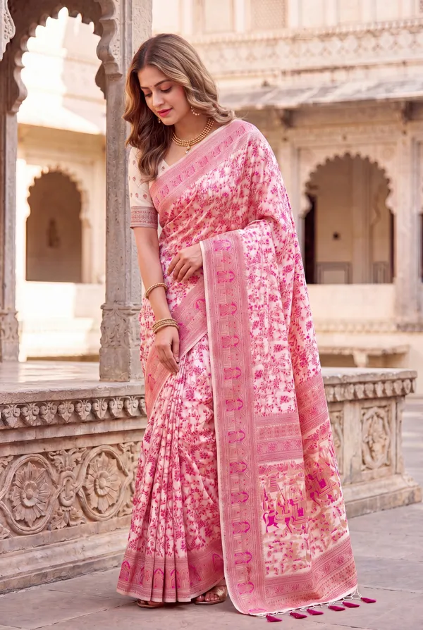 Soft_Jamdani_Cotton_Silk_Sarees_With_Beautiful_Resham_Weaving_With_Attractive_Resham_Woven_Design_Pallu_And_Running_Blouse_With_Tassels