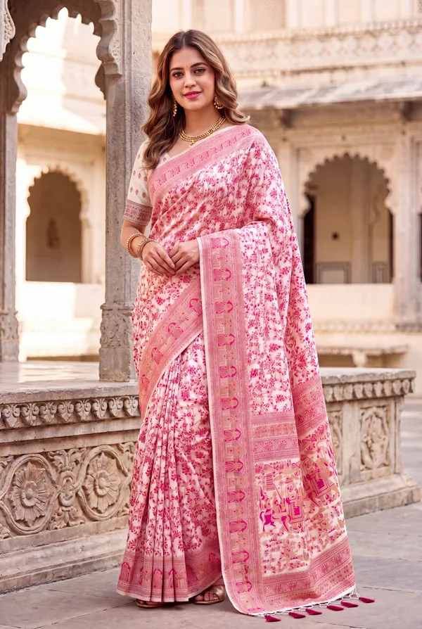 Soft_Jamdani_Cotton_Silk_Sarees_With_Beautiful_Resham_Weaving_With_Attractive_Resham_Woven_Design_Pallu_And_Running_Blouse_With_Tassels