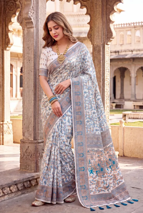 Soft_Jamdani_Cotton_Silk_Sarees_With_Beautiful_Resham_Weaving_With_Attractive_Resham_Woven_Design_Pallu_And_Running_Blouse_With_Tassels