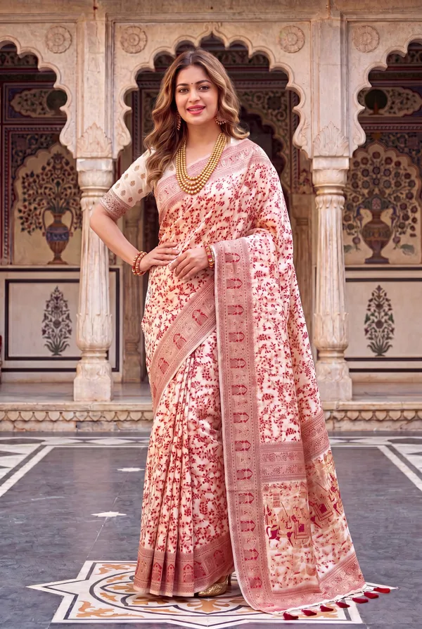 Soft_Jamdani_Cotton_Silk_Sarees_With_Beautiful_Resham_Weaving_With_Attractive_Resham_Woven_Design_Pallu_And_Running_Blouse_With_Tassels