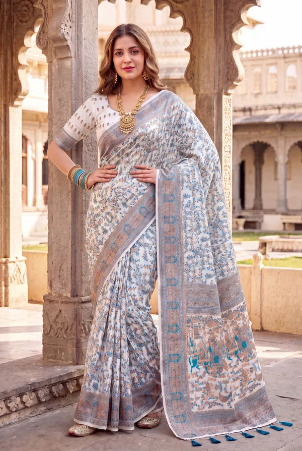 Soft_Jamdani_Cotton_Silk_Sarees_With_Beautiful_Resham_Weaving_With_Attractive_Resham_Woven_Design_Pallu_And_Running_Blouse_With_Tassels