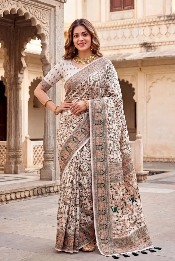 Soft_Jamdani_Cotton_Silk_Sarees_With_Beautiful_Resham_Weaving_With_Attractive_Resham_Woven_Design_Pallu_And_Running_Blouse_With_Tassels