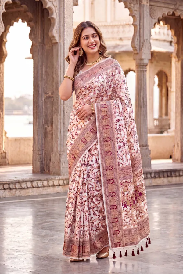 Soft_Jamdani_Cotton_Silk_Sarees_With_Beautiful_Resham_Weaving_With_Attractive_Resham_Woven_Design_Pallu_And_Running_Blouse_With_Tassels