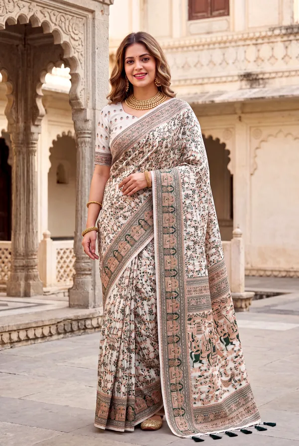 Soft_Jamdani_Cotton_Silk_Sarees_With_Beautiful_Resham_Weaving_With_Attractive_Resham_Woven_Design_Pallu_And_Running_Blouse_With_Tassels
