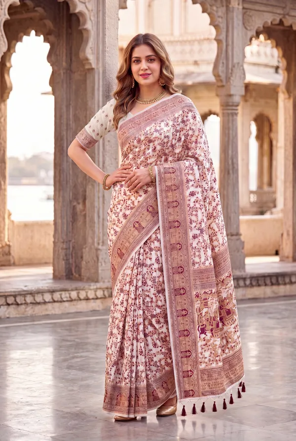 Soft_Jamdani_Cotton_Silk_Sarees_With_Beautiful_Resham_Weaving_With_Attractive_Resham_Woven_Design_Pallu_And_Running_Blouse_With_Tassels