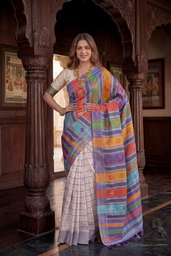 Soft_Silk_Sarees_With_Beautiful_Weaving_Design_With_Attractive_Berhampuri_Double_Palla_Saree_And_Contrast_Blouse_With_Tassels