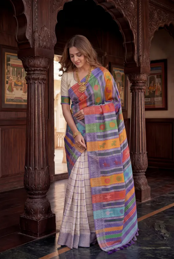 Soft_Silk_Sarees_With_Beautiful_Weaving_Design_With_Attractive_Berhampuri_Double_Palla_Saree_And_Contrast_Blouse_With_Tassels