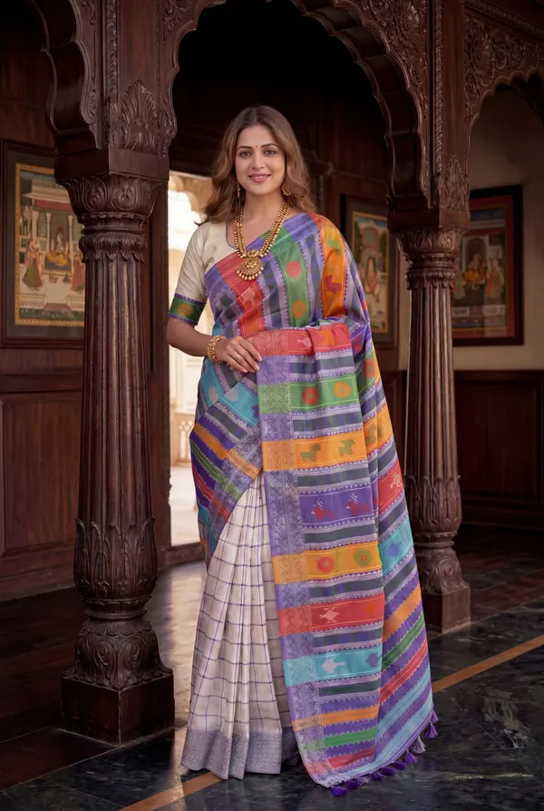 Soft_Silk_Sarees_With_Beautiful_Weaving_Design_With_Attractive_Berhampuri_Double_Palla_Saree_And_Contrast_Blouse_With_Tassels