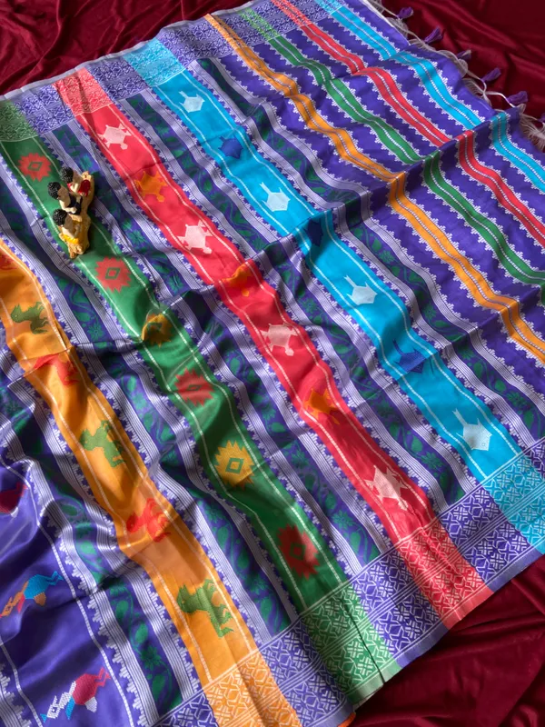 Soft_Silk_Sarees_With_Beautiful_Weaving_Design_With_Attractive_Berhampuri_Double_Palla_Saree_And_Contrast_Blouse_With_Tassels