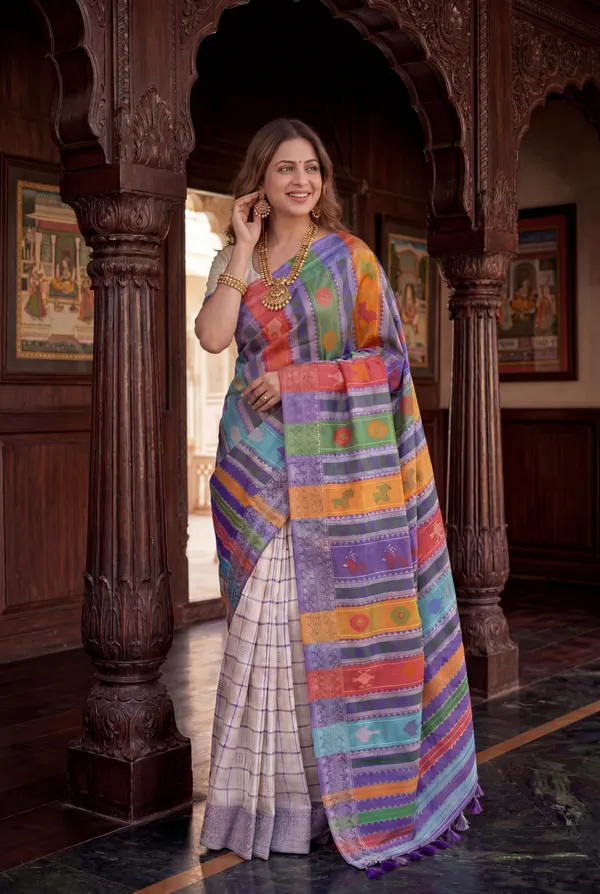 Soft_Silk_Sarees_With_Beautiful_Weaving_Design_With_Attractive_Berhampuri_Double_Palla_Saree_And_Contrast_Blouse_With_Tassels